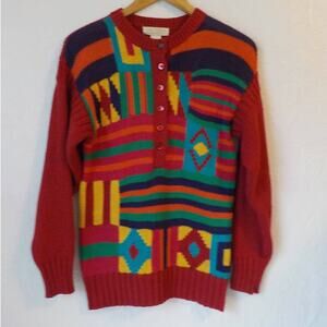 Vtg John Henry Pink Sweater Women Medium Geometric Multicolor Y2K Ramie Button